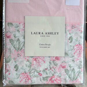 Laura Ashley AVELINE Twin Size Cotton Sheet Set  Pink Floral Stripe Border